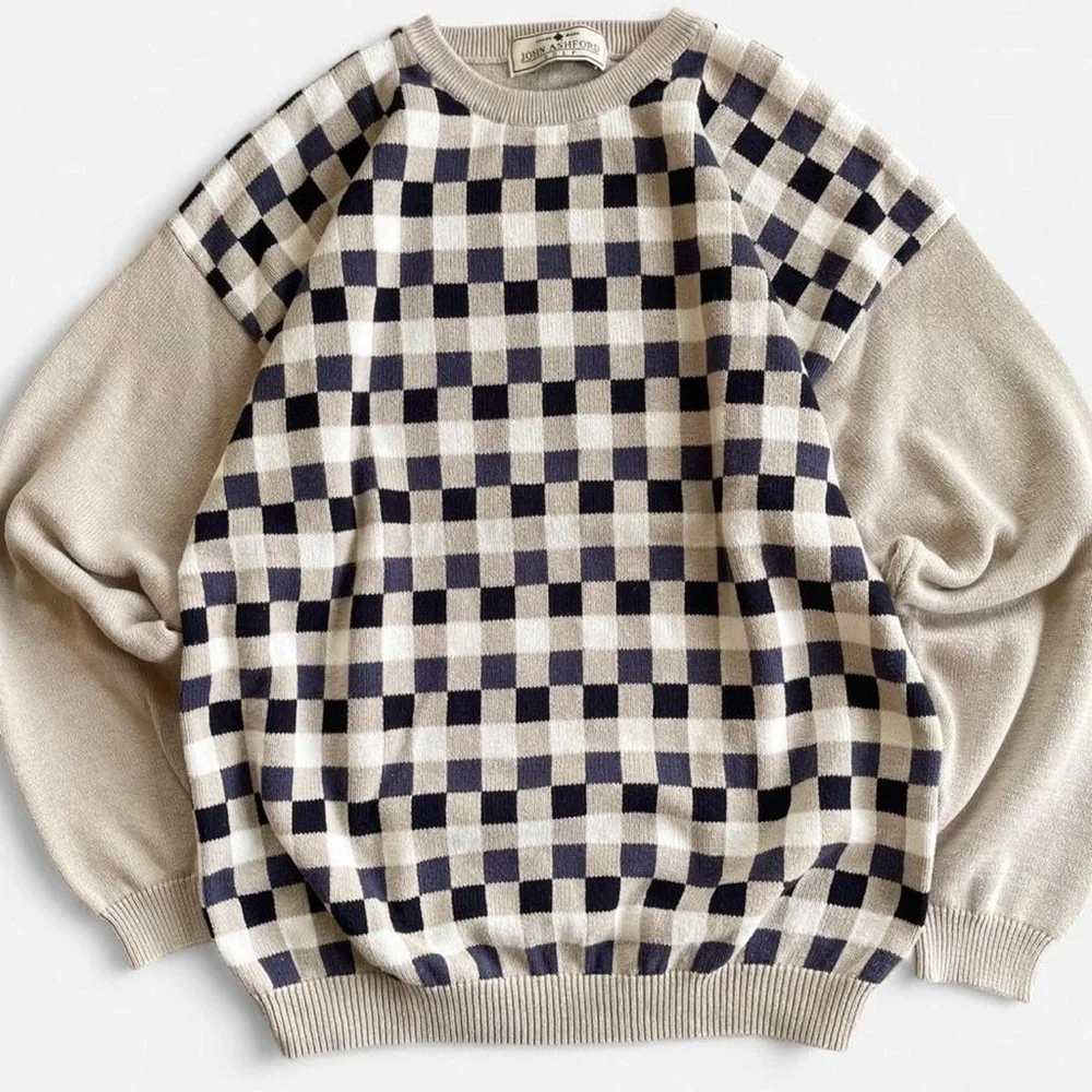 Vintage Men’s John Ashford Golf Tan Checkered Navy Blue White Cotton Sweater